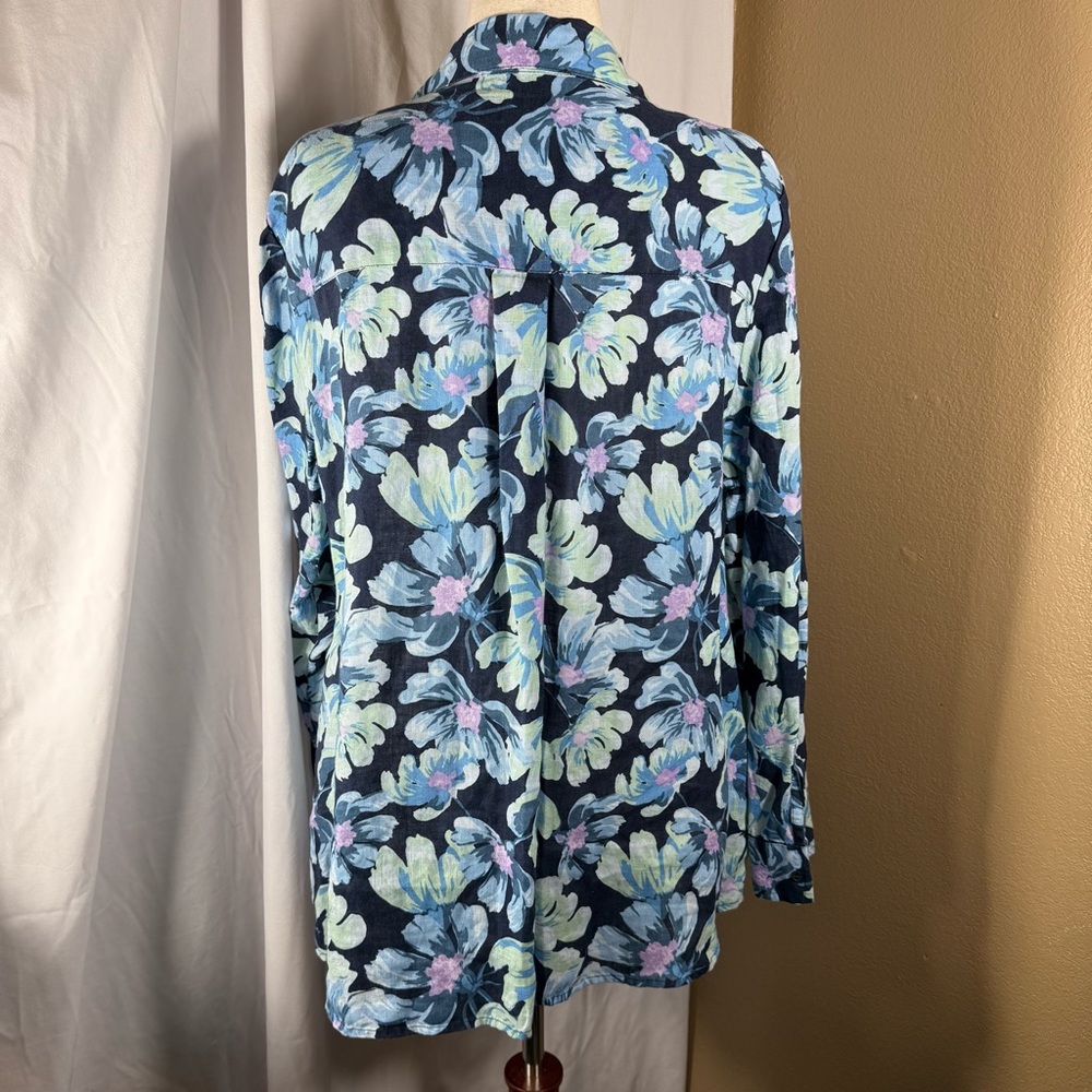 Linen Button Up Long‎ Adjustable Sleeve Navy Floral Charter Club Women’s Size 2X - Picture 7 of 11